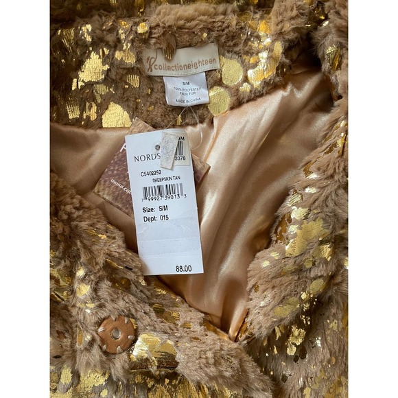 NWT Collection Eighteen Womens Faux Fur Jacket Collared 3/4 Sleeve Size S/M Gold - Picture 6 of 6